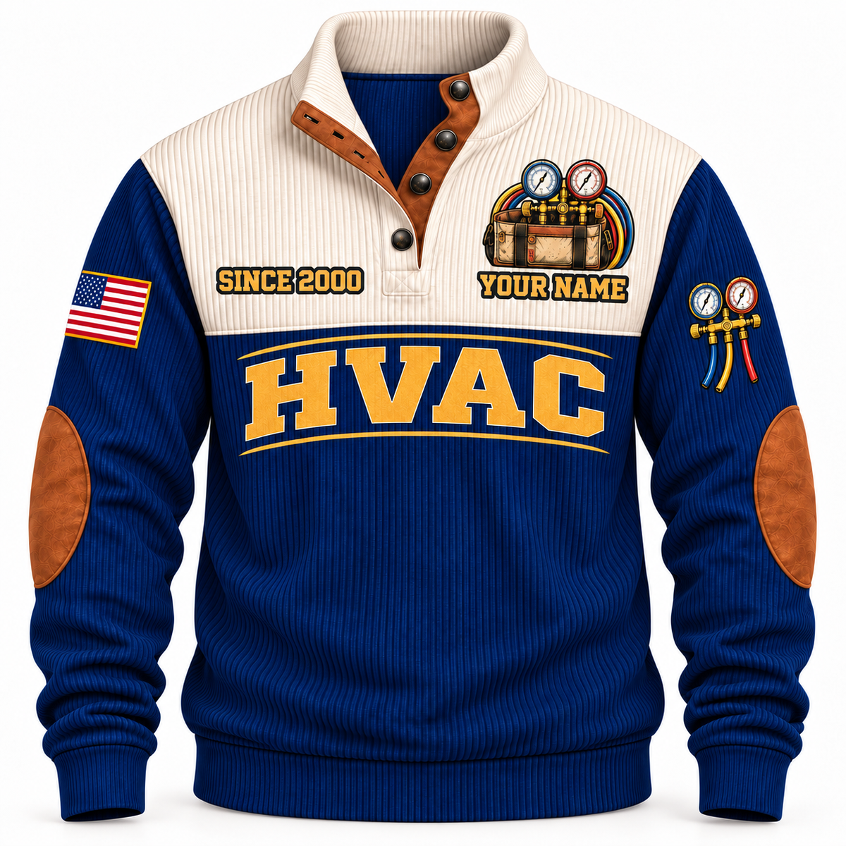 Front of Navy Personalized HVAC Comfort Crew Sports Sweatshirt with cream yoke and manifold-gauge and tool-bag artwork