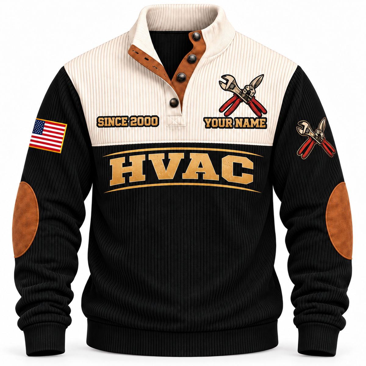 Front of Black Personalized HVAC Main Street Comfort Sports Sweatshirt with cream yoke and crossed service-wrench and aviation-snips artwork