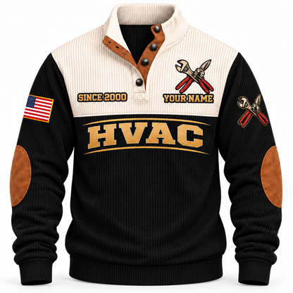 Front of Black Personalized HVAC Main Street Comfort Sports Sweatshirt with cream yoke and crossed service-wrench and aviation-snips artwork