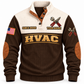 Front of Brown Personalized HVAC Main Street Comfort Sports Sweatshirt with cream yoke and crossed service-wrench and aviation-snips artwork