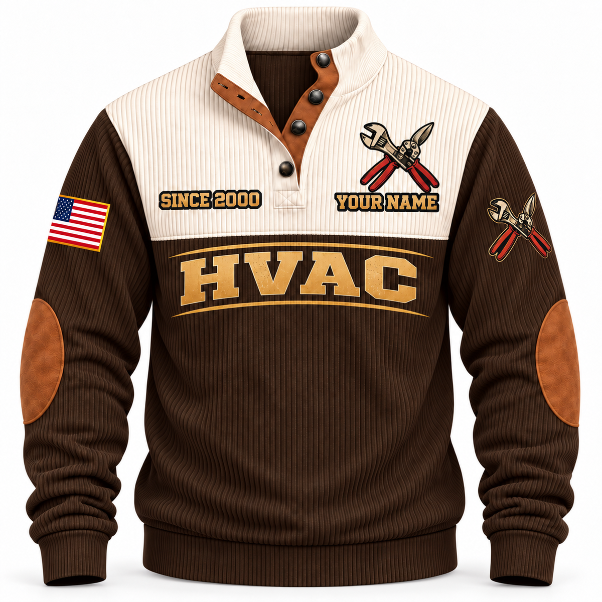 Front of Brown Personalized HVAC Main Street Comfort Sports Sweatshirt with cream yoke and crossed service-wrench and aviation-snips artwork