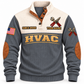 Front of Grey Personalized HVAC Main Street Comfort Sports Sweatshirt with cream yoke and crossed service-wrench and aviation-snips artwork