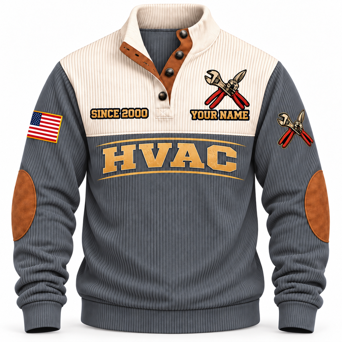 Front of Grey Personalized HVAC Main Street Comfort Sports Sweatshirt with cream yoke and crossed service-wrench and aviation-snips artwork