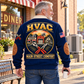 Rear three-quarter view of an adult model wearing the Navy HVAC Main Street Comfort sports sweatshirt outside a small-town diner