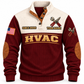 Front of Jujube Red Personalized HVAC Main Street Comfort Sports Sweatshirt with cream yoke and crossed service-wrench and aviation-snips artwork