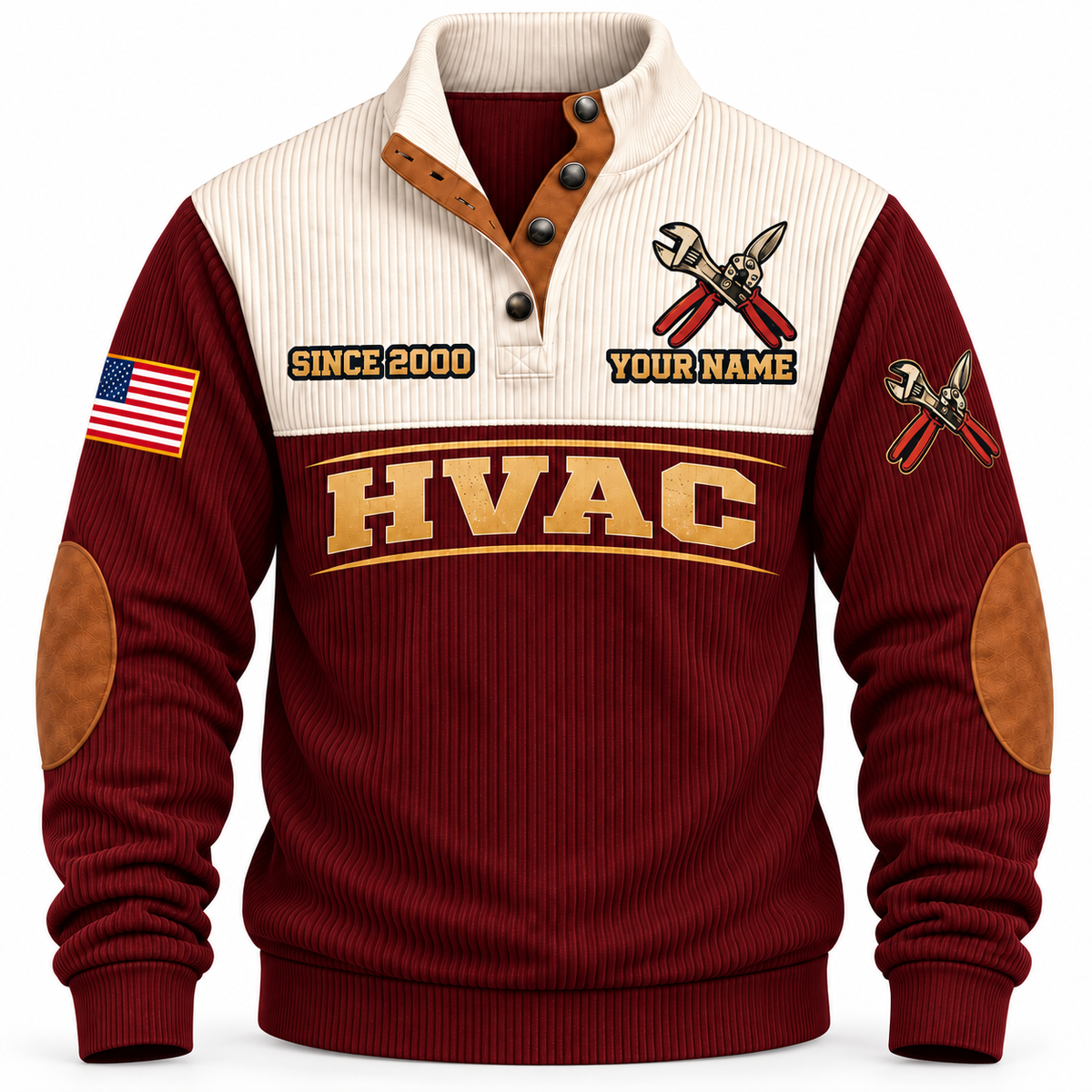 Front of Jujube Red Personalized HVAC Main Street Comfort Sports Sweatshirt with cream yoke and crossed service-wrench and aviation-snips artwork