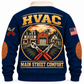Back of Navy HVAC sports sweatshirt with main-street HVAC rooftop and condenser artwork and Main Street Comfort lettering