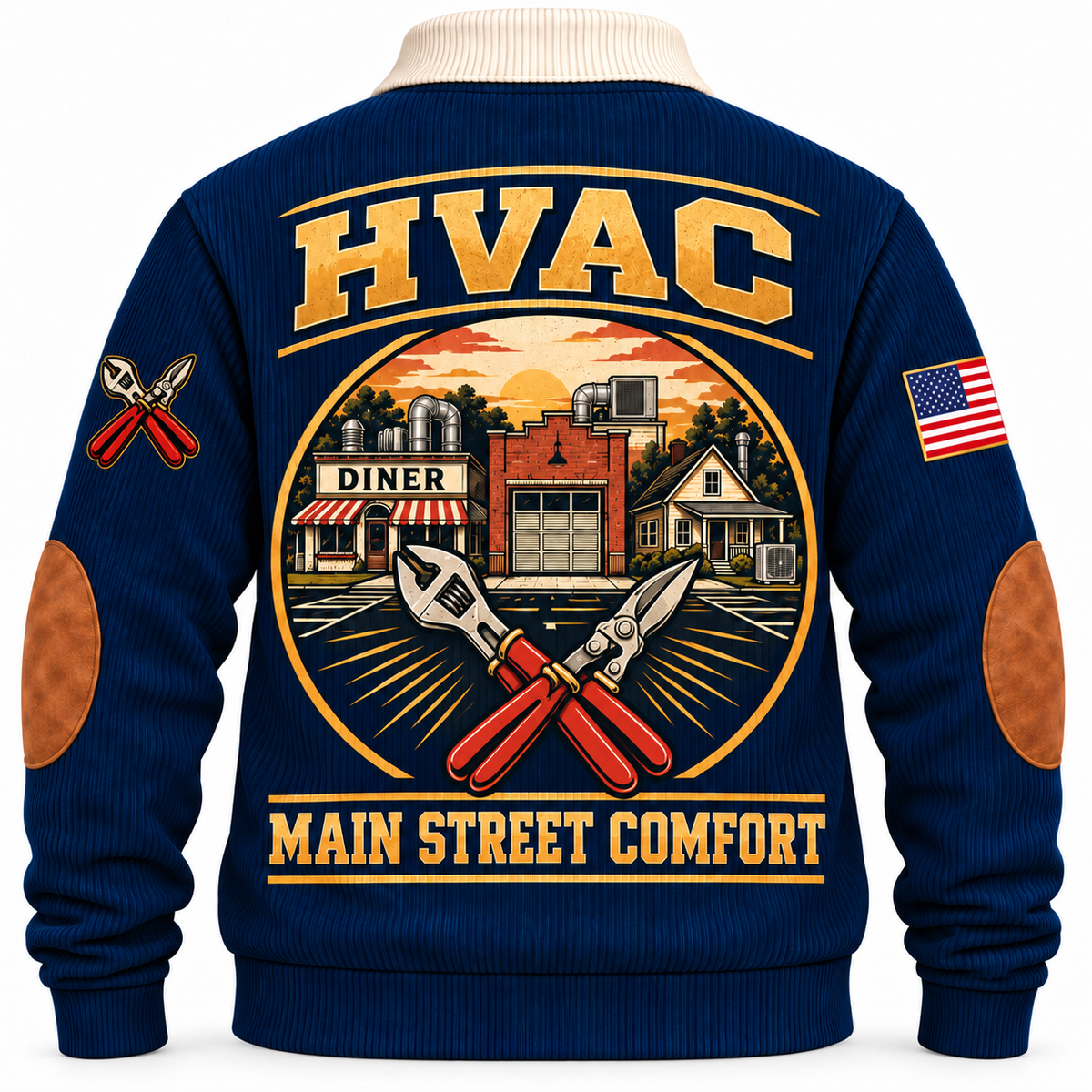 Back of Navy HVAC sports sweatshirt with main-street HVAC rooftop and condenser artwork and Main Street Comfort lettering