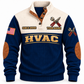 Front of Navy Personalized HVAC Main Street Comfort Sports Sweatshirt with cream yoke and crossed service-wrench and aviation-snips artwork