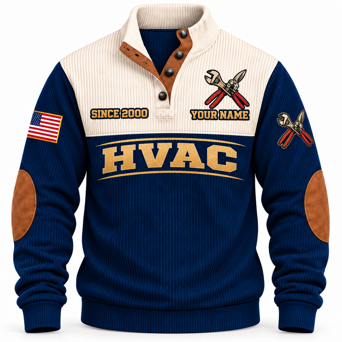 Front of Navy Personalized HVAC Main Street Comfort Sports Sweatshirt with cream yoke and crossed service-wrench and aviation-snips artwork
