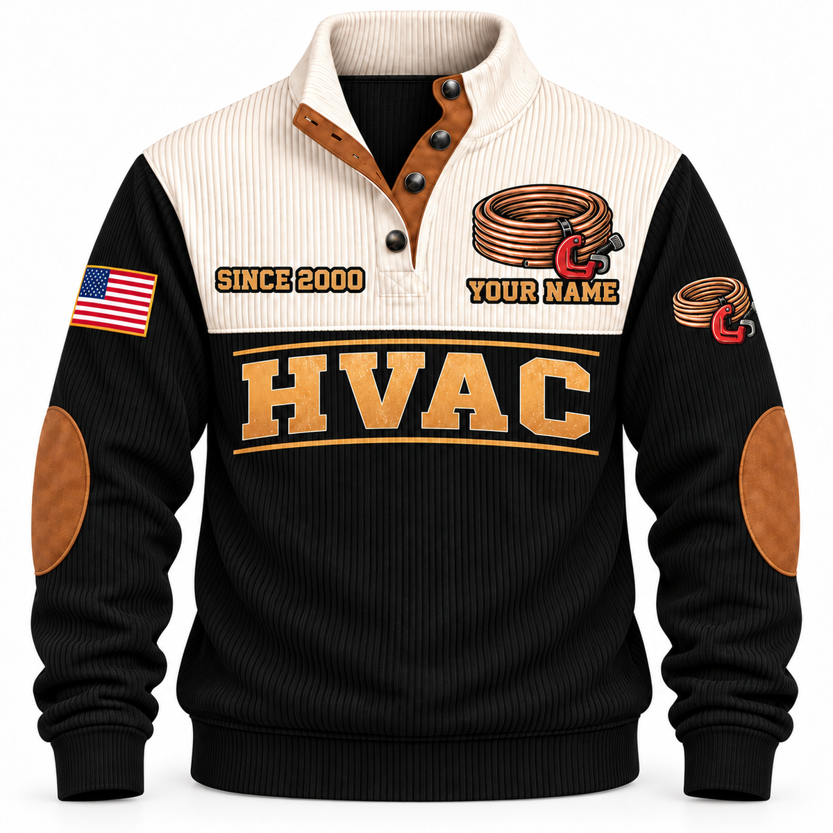Front of Black Personalized HVAC Crafted With Care Sports Sweatshirt with cream yoke and copper-coil and tube-cutter artwork