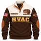 Front of Brown Personalized HVAC Crafted With Care Sports Sweatshirt with cream yoke and copper-coil and tube-cutter artwork