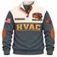 Front of Grey Personalized HVAC Crafted With Care Sports Sweatshirt with cream yoke and copper-coil and tube-cutter artwork