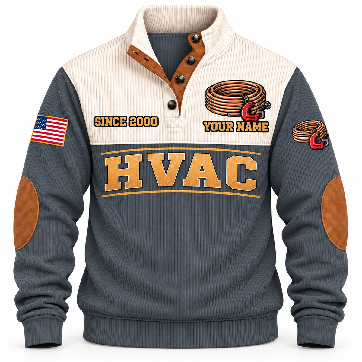 Front of Grey Personalized HVAC Crafted With Care Sports Sweatshirt with cream yoke and copper-coil and tube-cutter artwork