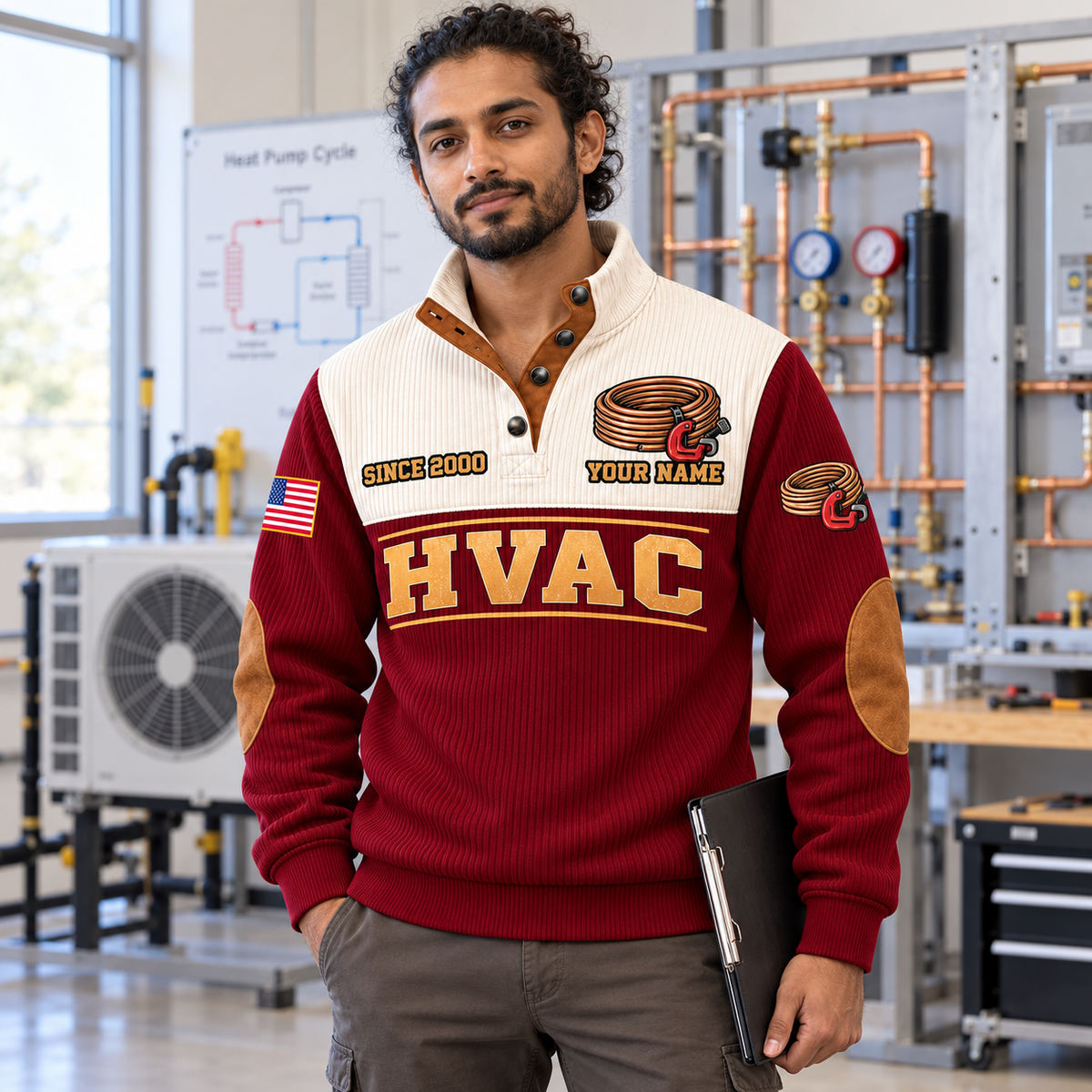 Adult model wearing the Jujube Red HVAC Crafted With Care sports sweatshirt beside an HVAC training-room demonstration frame