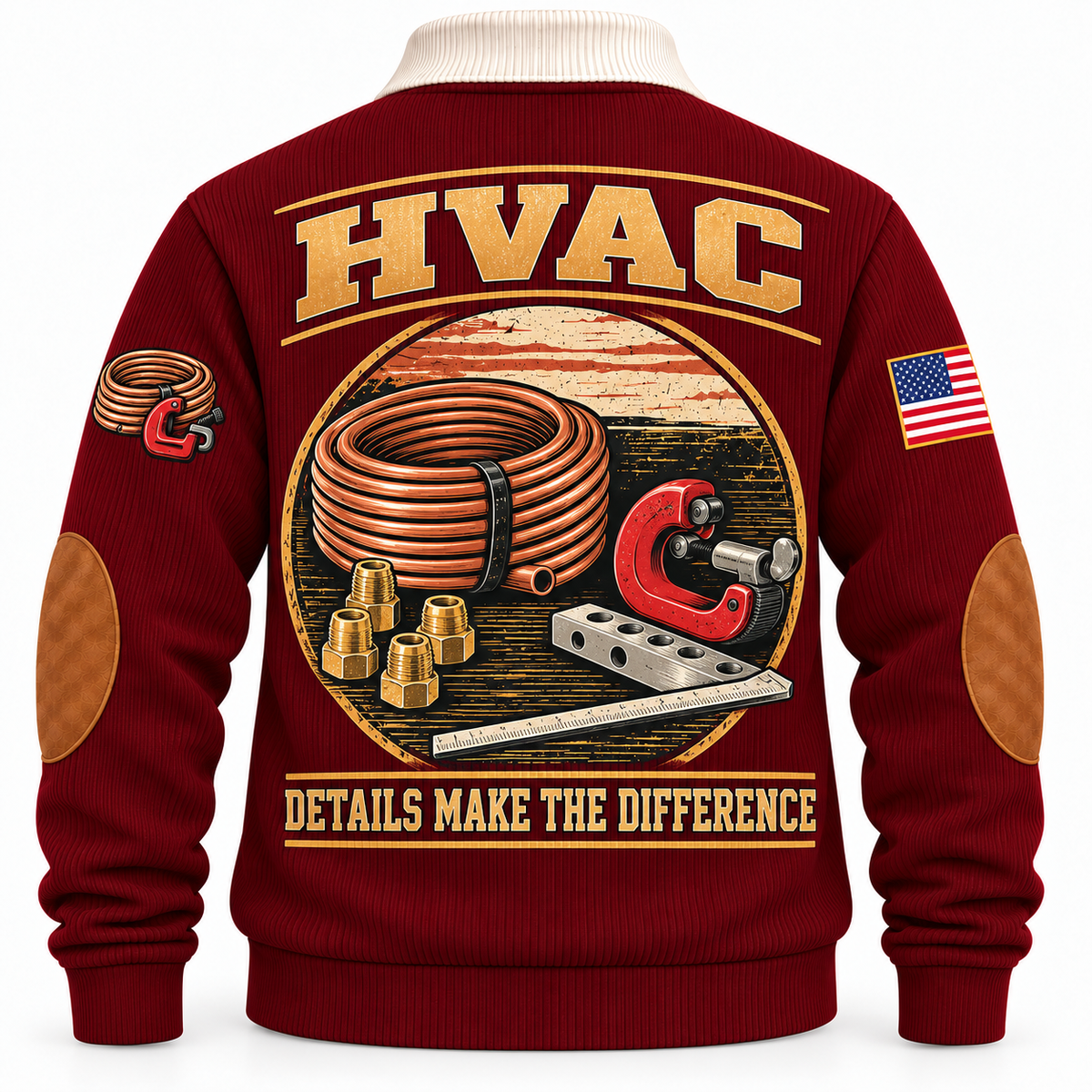 Back of Jujube Red HVAC sports sweatshirt with copper tubing, tube cutter, brass fittings and Details Make the Difference lettering