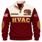 Front of Jujube Red Personalized HVAC Crafted With Care Sports Sweatshirt with cream yoke and copper-coil and tube-cutter artwork