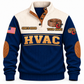 Front of Navy Personalized HVAC Crafted With Care Sports Sweatshirt with cream yoke and copper-coil and tube-cutter artwork