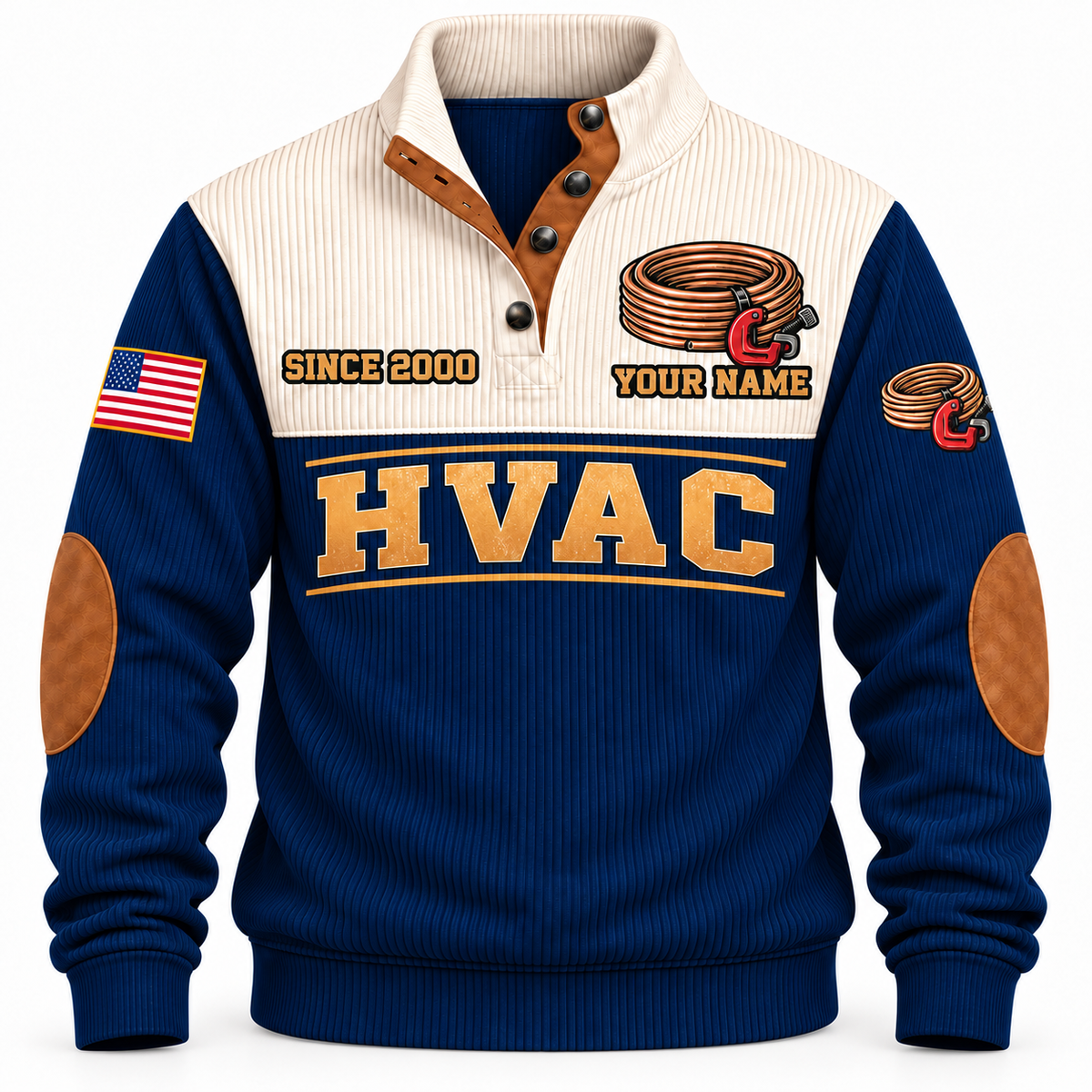 Front of Navy Personalized HVAC Crafted With Care Sports Sweatshirt with cream yoke and copper-coil and tube-cutter artwork
