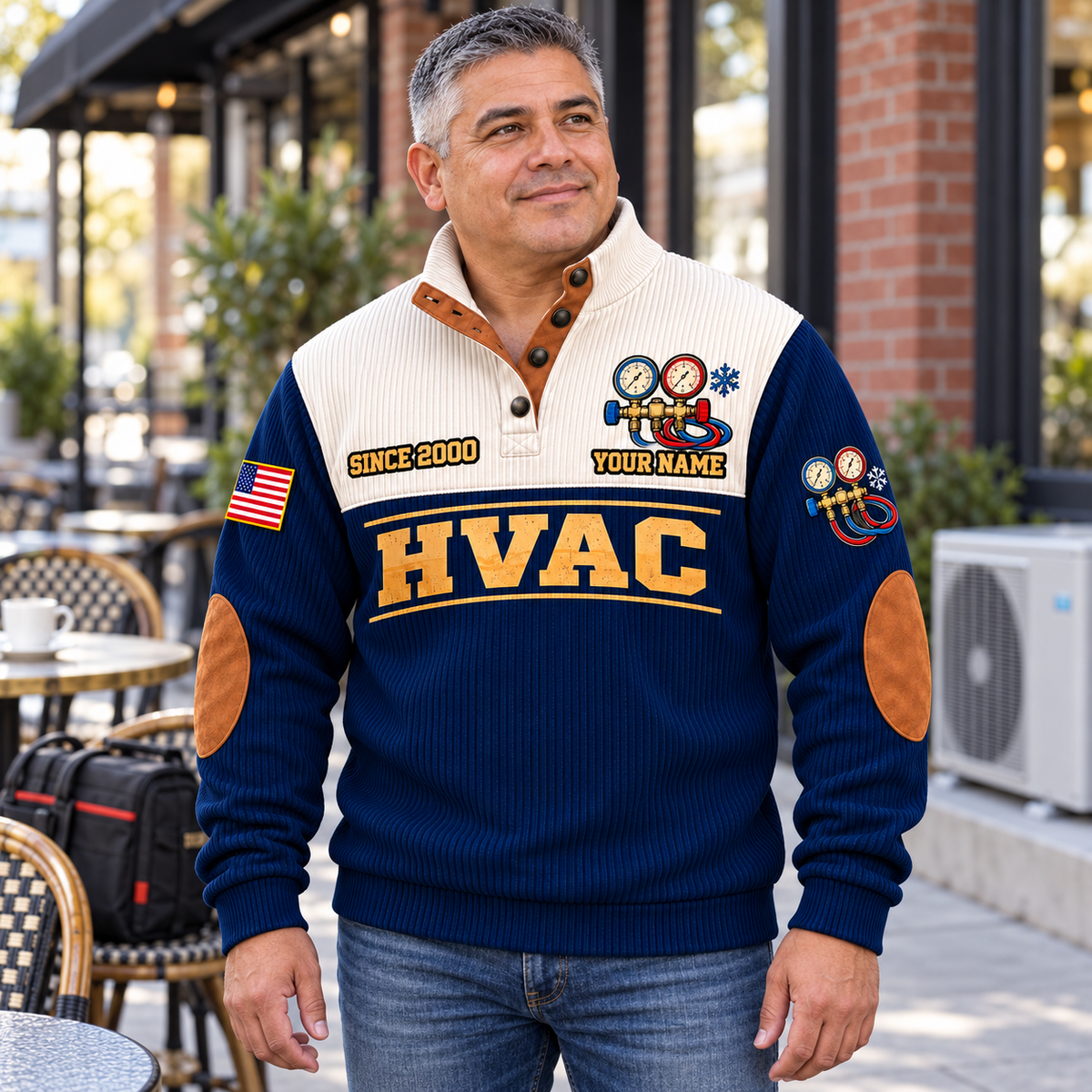 Adult model wearing the Navy HVAC Shift Finished sports sweatshirt on an outdoor cafe terrace