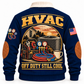 Back of Navy HVAC sports sweatshirt with service bag, manifold gauges, hoses, coffee mug and Off Duty Still Cool artwork