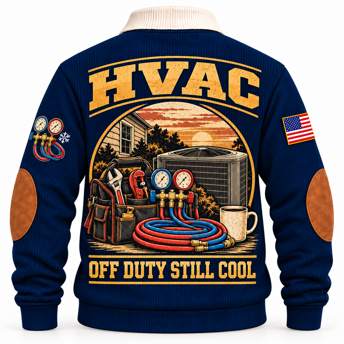 Back of Navy HVAC sports sweatshirt with service bag, manifold gauges, hoses, coffee mug and Off Duty Still Cool artwork