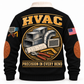 Back of Black HVAC sports sweatshirt with ductwork, grille, sheet-metal tools and Precision in Every Bend artwork