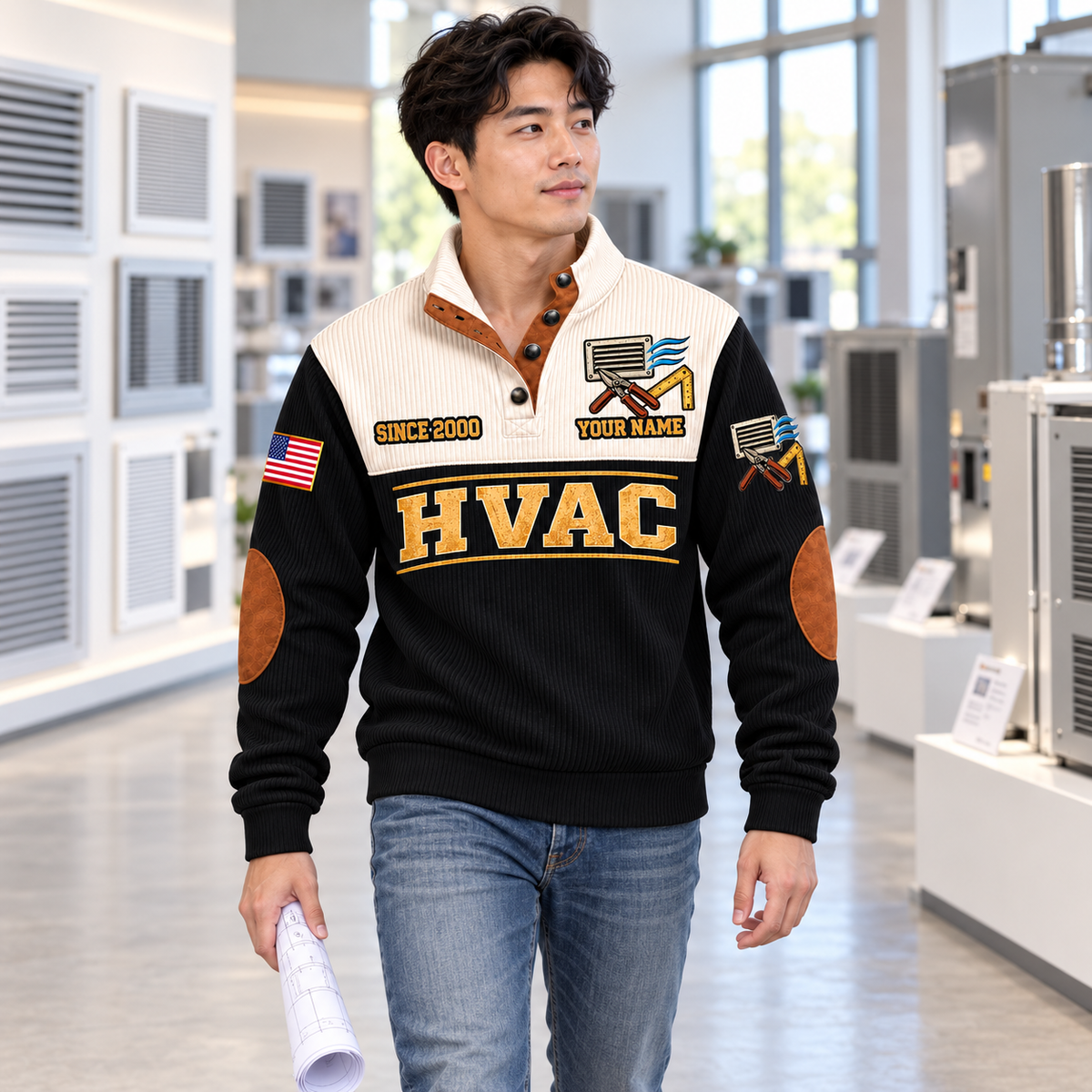 Adult model wearing the Black HVAC Ductwork Precision sports sweatshirt in an HVAC equipment showroom