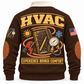 Back of Brown HVAC sports sweatshirt with notebook, pressure gauge, copper tubing and Experience Brings Comfort artwork