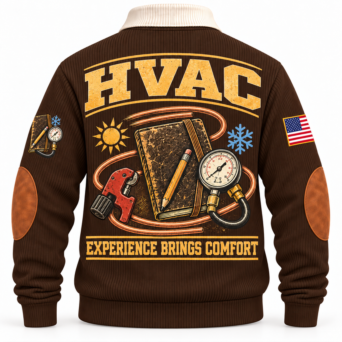 Back of Brown HVAC sports sweatshirt with notebook, pressure gauge, copper tubing and Experience Brings Comfort artwork