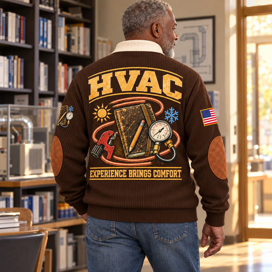 Rear view of an older adult model wearing the Brown HVAC Knowledge Carried Forward sports sweatshirt in a vocational training library