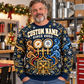 Adult model wearing the navy HVAC Holiday Glow crewneck mockup in a festive heating and cooling workshop