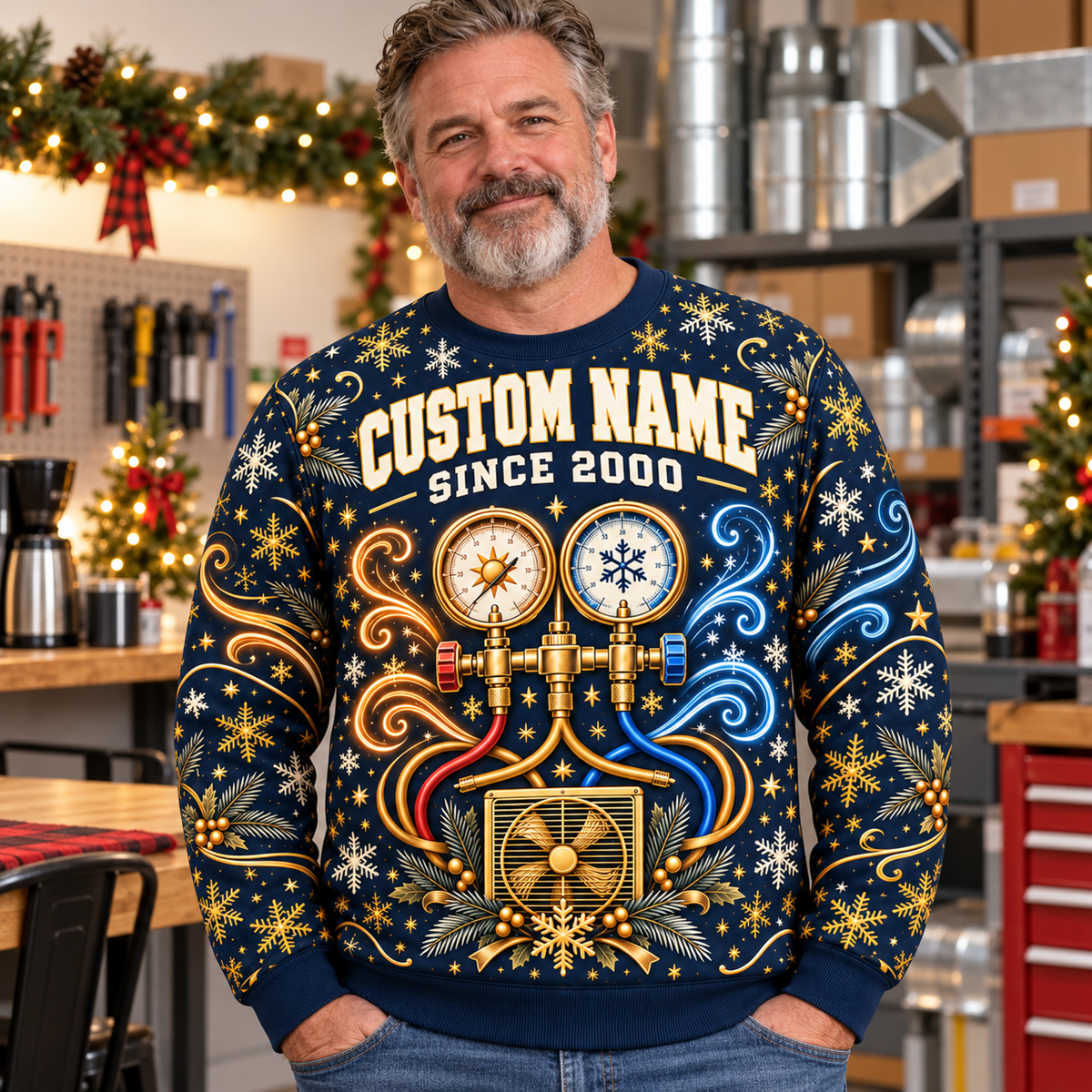 Adult model wearing the navy HVAC Holiday Glow crewneck mockup in a festive heating and cooling workshop