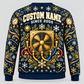 Back of navy and gold HVAC Holiday Glow crewneck with condenser fan, hose wreath and CUSTOM NAME / SINCE 2000 placeholders