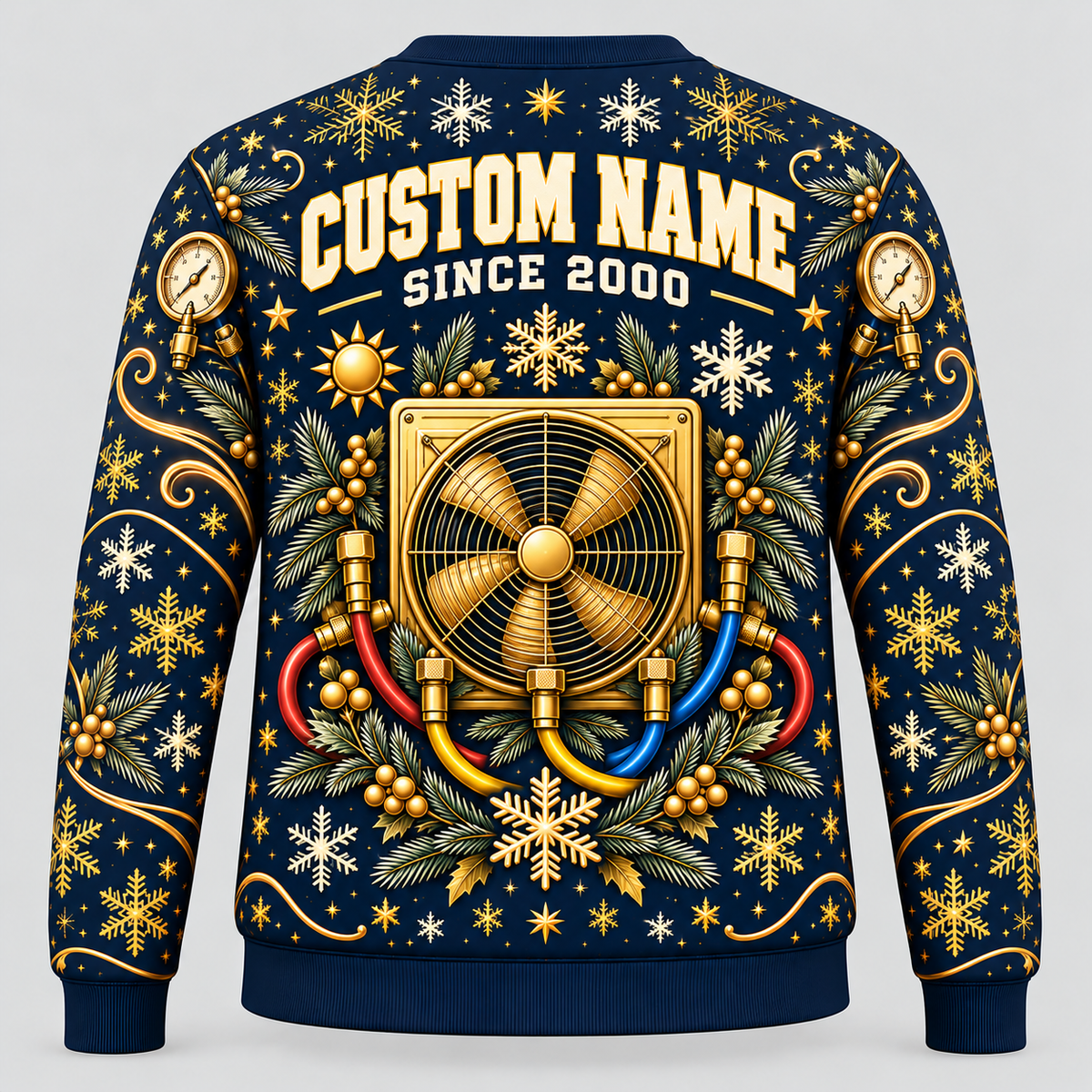 Back of navy and gold HVAC Holiday Glow crewneck with condenser fan, hose wreath and CUSTOM NAME / SINCE 2000 placeholders