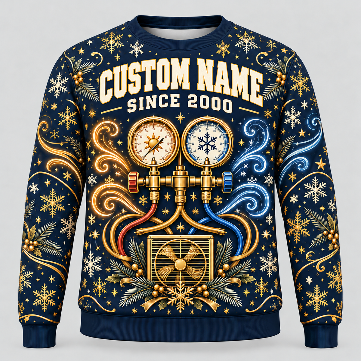 Front of navy and gold HVAC Holiday Glow crewneck with manifold gauges, condenser fan and CUSTOM NAME / SINCE 2000 placeholders