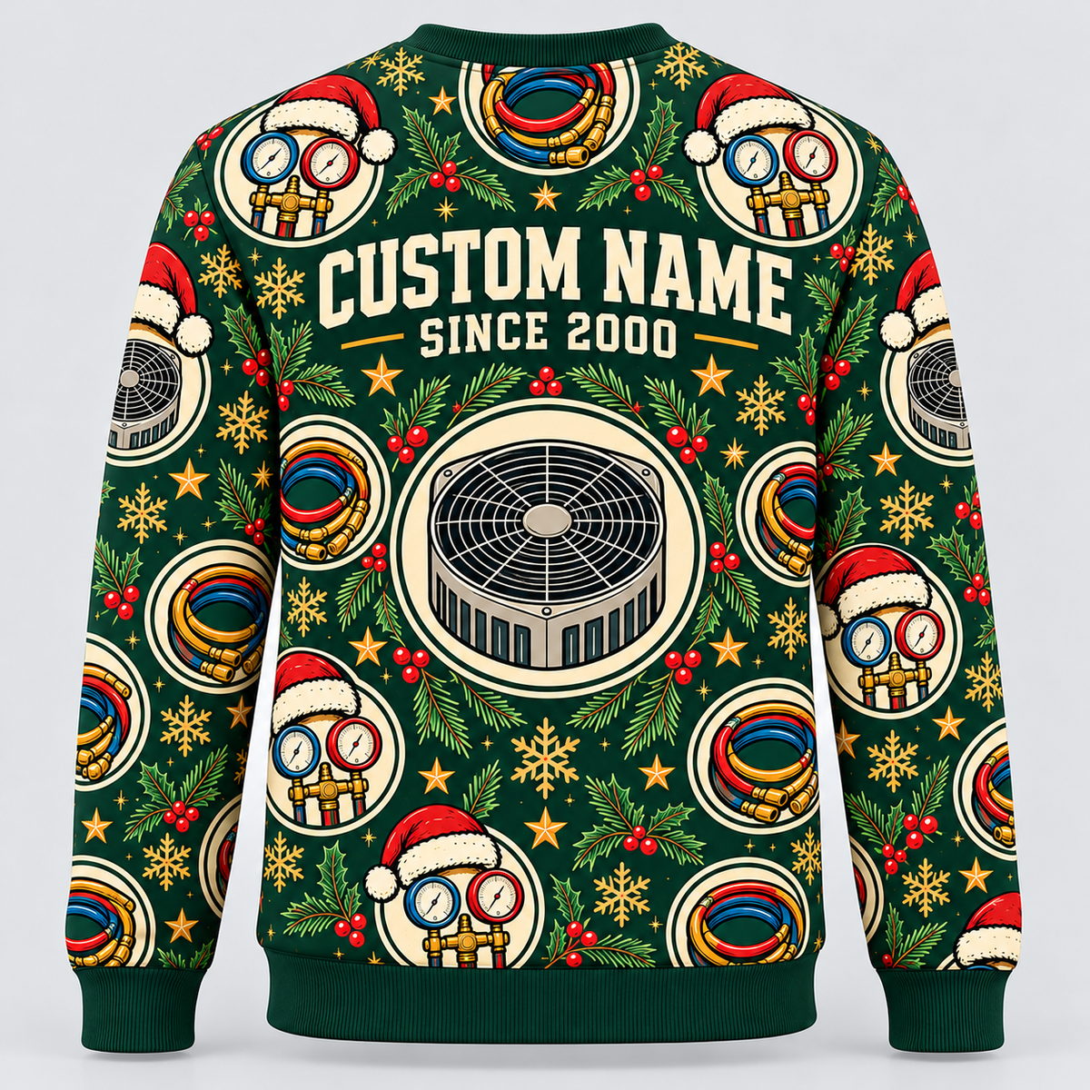 Back of HVAC Holiday Repeat crewneck with coordinated HVAC design and CUSTOM NAME and SINCE 2000 placeholders