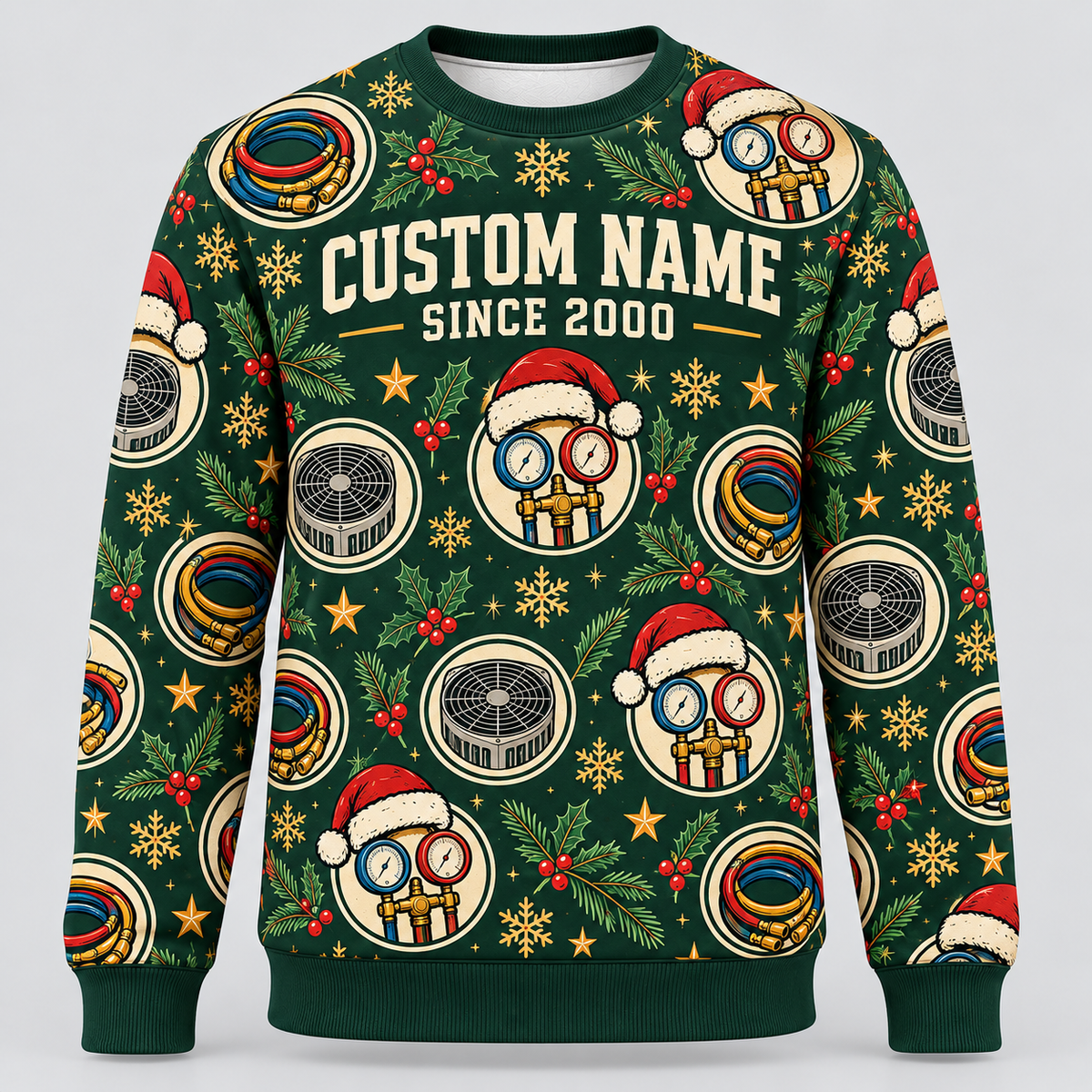 Front of HVAC Holiday Repeat crewneck in deep forest green, cream and amber with small red holiday accents with CUSTOM NAME and SINCE 2000 placeholders