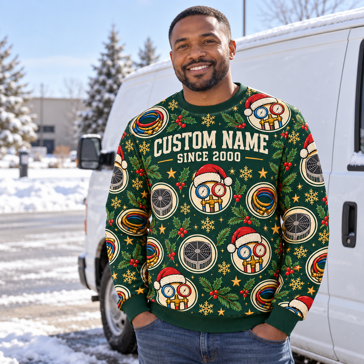Adult model wearing the HVAC Holiday Repeat all-over print crewneck mockup