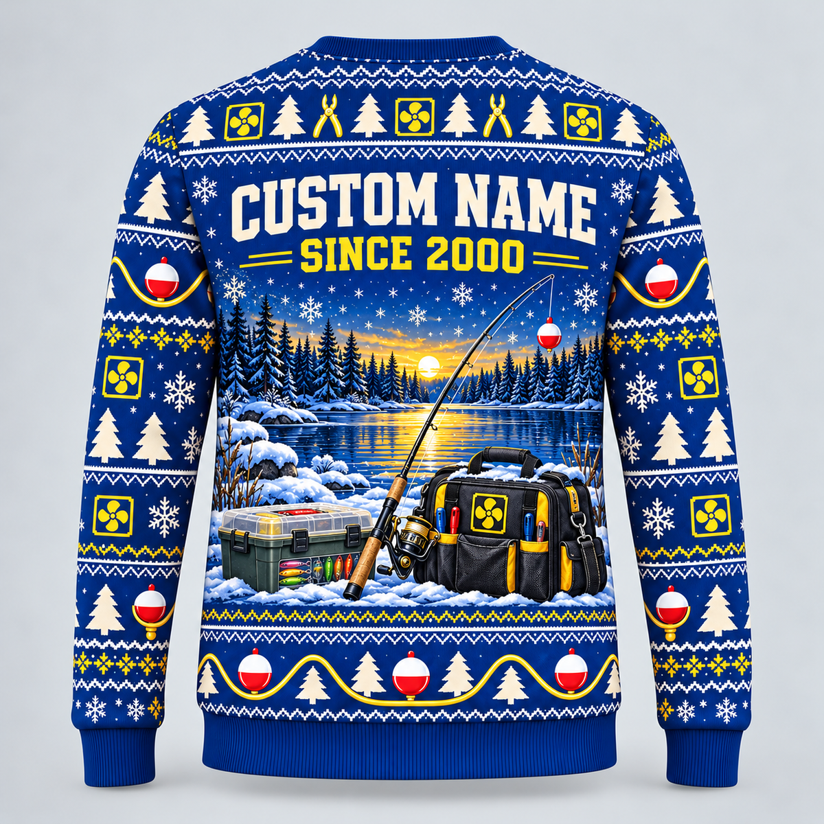 Back of HVAC Gone Fishing Christmas crewneck with coordinated HVAC design and CUSTOM NAME and SINCE 2000 placeholders