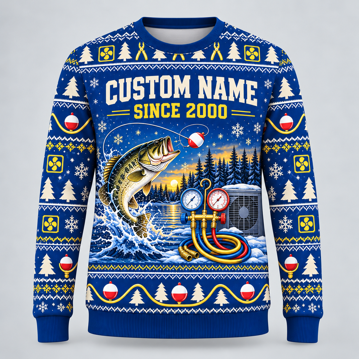 Front of HVAC Gone Fishing Christmas crewneck in royal blue, ivory and yellow with CUSTOM NAME and SINCE 2000 placeholders
