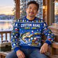 Adult model wearing the HVAC Gone Fishing Christmas all-over print crewneck mockup