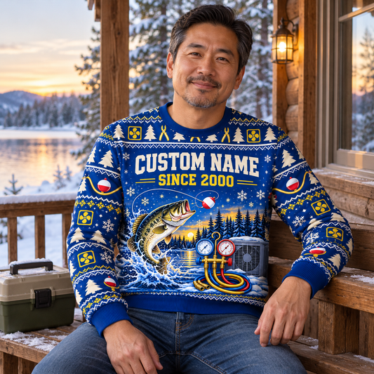 Adult model wearing the HVAC Gone Fishing Christmas all-over print crewneck mockup