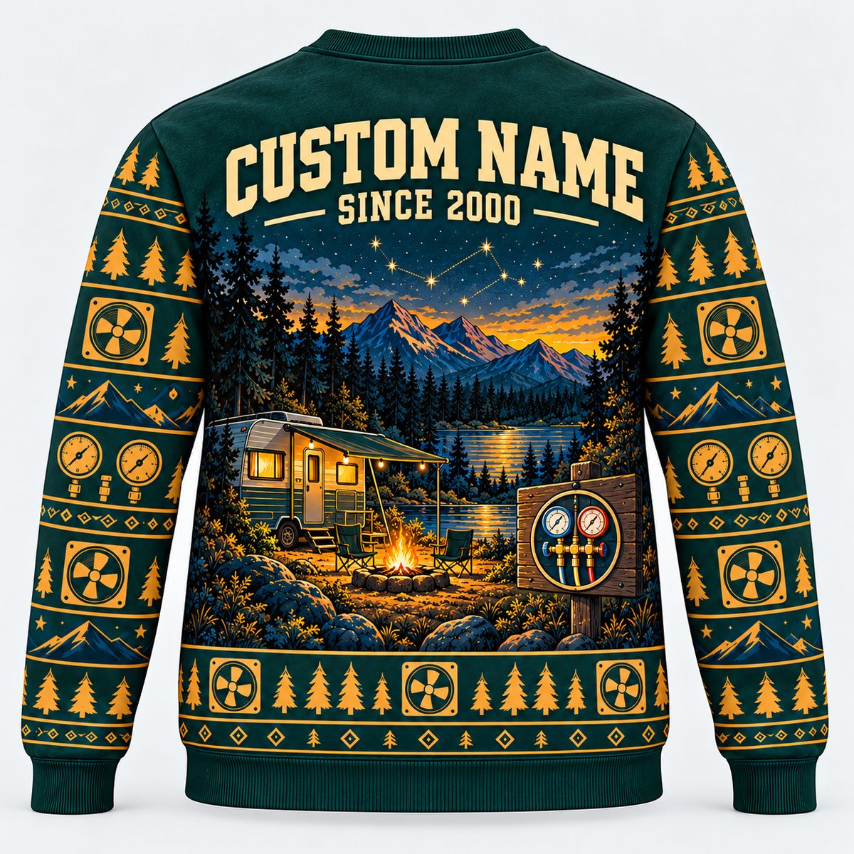 Back of HVAC Camp Lantern crewneck with coordinated HVAC design and CUSTOM NAME and SINCE 2000 placeholders