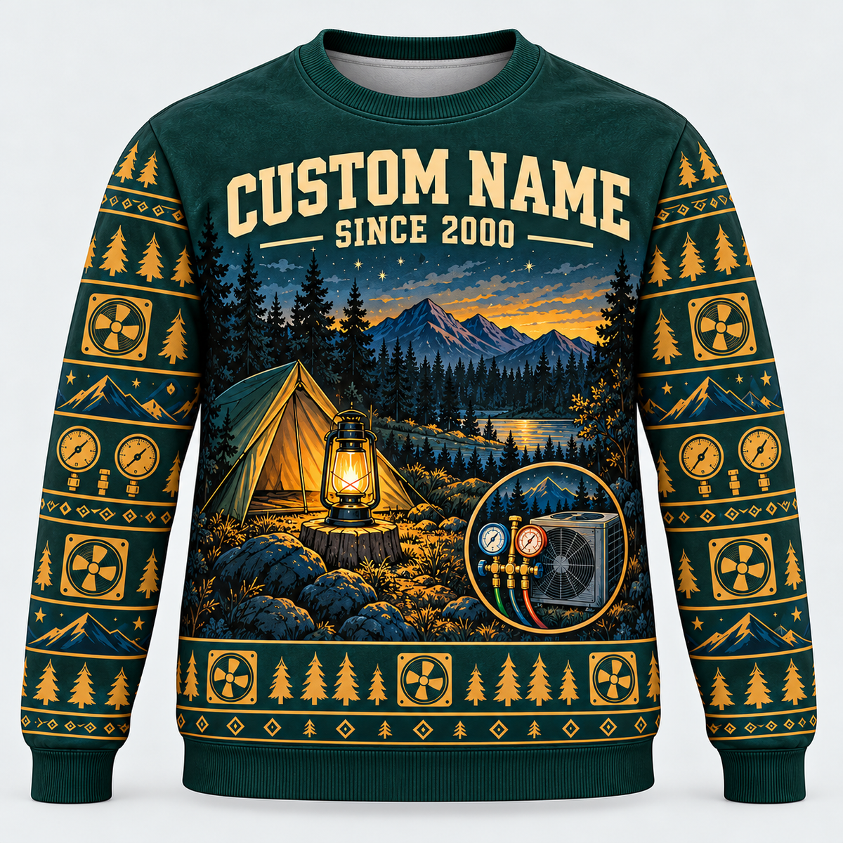 Front of HVAC Camp Lantern crewneck in pine green, ochre and midnight with CUSTOM NAME and SINCE 2000 placeholders