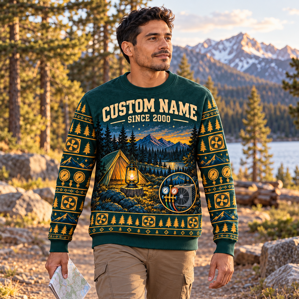 Adult model wearing the HVAC Camp Lantern all-over print crewneck mockup