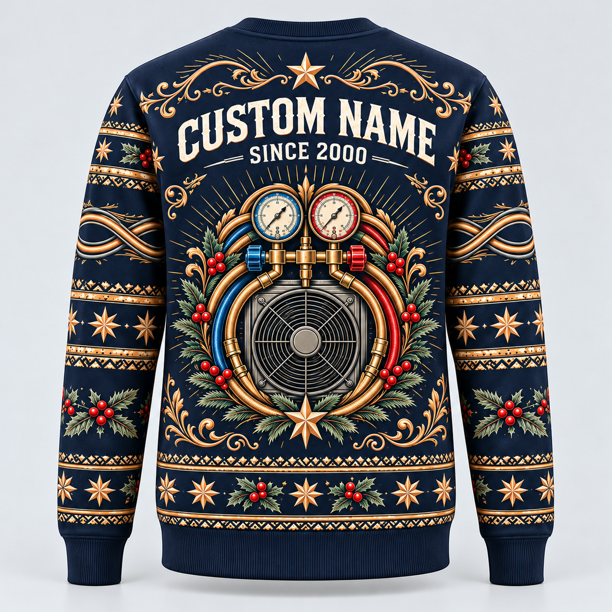 Back of HVAC Heritage Holiday crewneck with coordinated HVAC design and CUSTOM NAME and SINCE 2000 placeholders