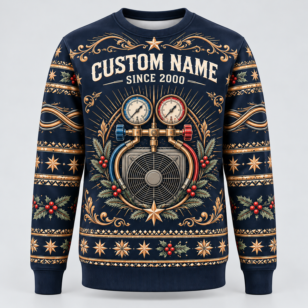 Front of HVAC Heritage Holiday crewneck in navy, bronze and ivory with tiny red holly berries with CUSTOM NAME and SINCE 2000 placeholders