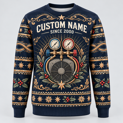 Front of HVAC Heritage Holiday crewneck in navy, bronze and ivory with tiny red holly berries with CUSTOM NAME and SINCE 2000 placeholders