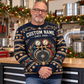 Adult model wearing the HVAC Heritage Holiday all-over print crewneck mockup